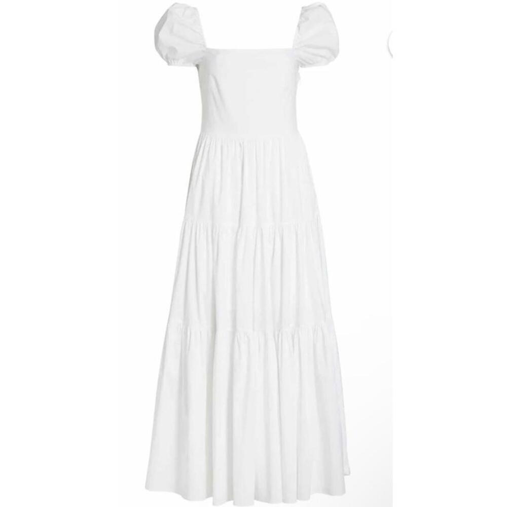 Caroline Constas Size Large Heart Tiered White Maxi Dress Puff Sleeve MSRP $695